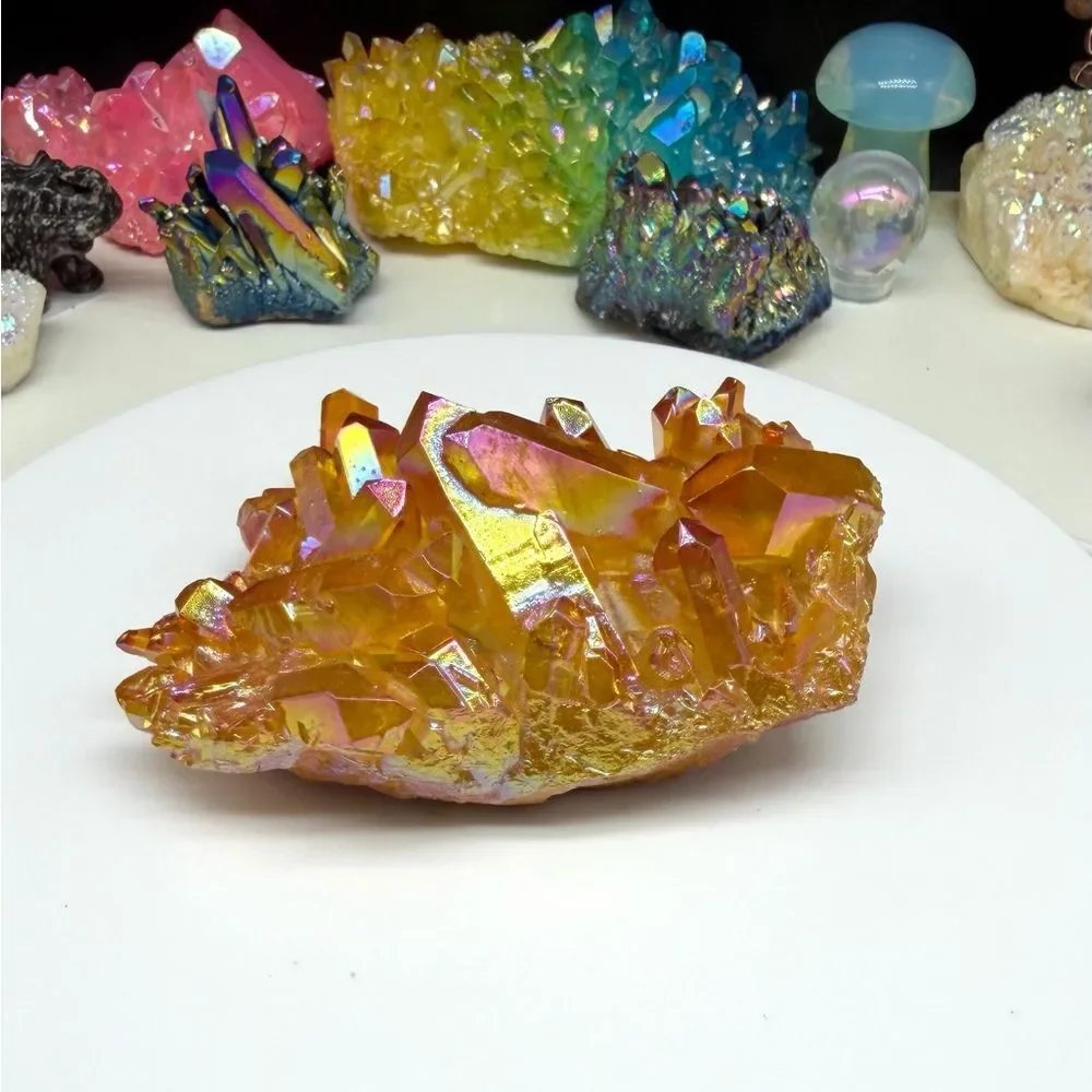 Amber Aura Quartz Crystal Cluster Orange Clear AB Aurora Iridescent Stone
